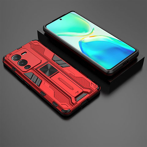 Coque Contour Silicone et Plastique Housse Etui Mat avec Aimant Magnetique Support KC2 pour Vivo V25 Pro 5G Rouge