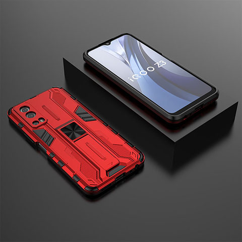 Coque Contour Silicone et Plastique Housse Etui Mat avec Aimant Magnetique Support KC2 pour Vivo Y52 5G Rouge