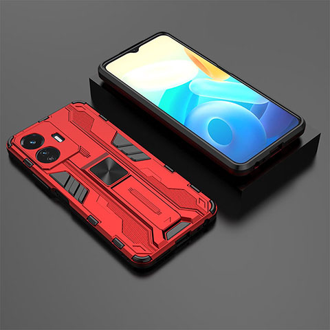 Coque Contour Silicone et Plastique Housse Etui Mat avec Aimant Magnetique Support KC2 pour Vivo Y77e t1 Rouge