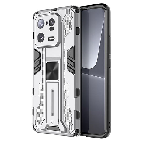 Coque Contour Silicone et Plastique Housse Etui Mat avec Aimant Magnetique Support KC2 pour Xiaomi Mi 13 Pro 5G Blanc