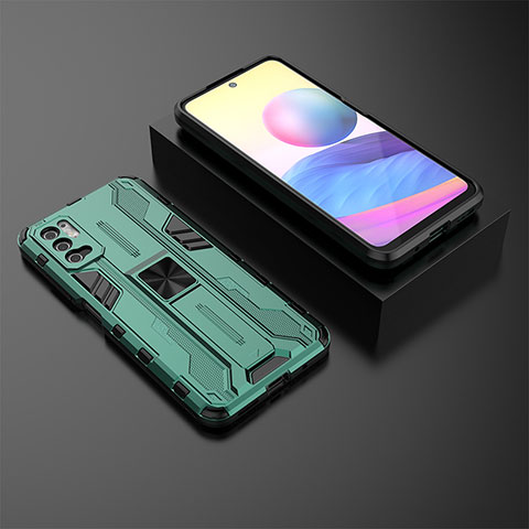 Coque Contour Silicone et Plastique Housse Etui Mat avec Aimant Magnetique Support KC2 pour Xiaomi POCO M3 Pro 5G Vert