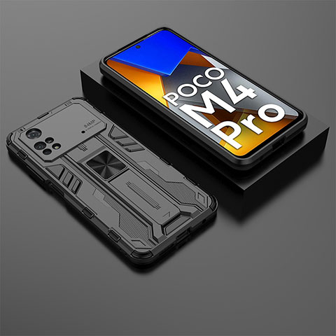 Coque Contour Silicone et Plastique Housse Etui Mat avec Aimant Magnetique Support KC2 pour Xiaomi Poco M4 Pro 4G Noir