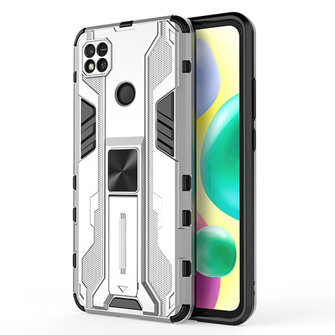 Coque Contour Silicone et Plastique Housse Etui Mat avec Aimant Magnetique Support KC2 pour Xiaomi Redmi 9C NFC Blanc