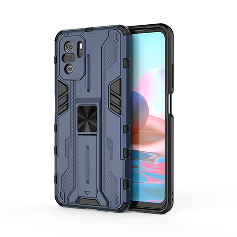 Coque Contour Silicone et Plastique Housse Etui Mat avec Aimant Magnetique Support KC2 pour Xiaomi Redmi Note 10 4G Bleu