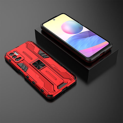 Coque Contour Silicone et Plastique Housse Etui Mat avec Aimant Magnetique Support KC2 pour Xiaomi Redmi Note 10 5G Rouge