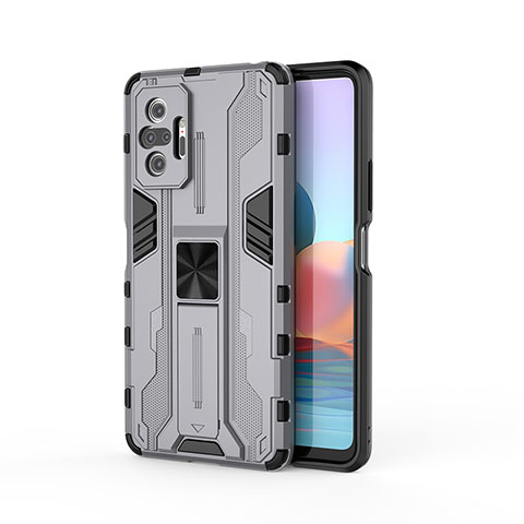 Coque Contour Silicone et Plastique Housse Etui Mat avec Aimant Magnetique Support KC2 pour Xiaomi Redmi Note 10 Pro 4G Gris