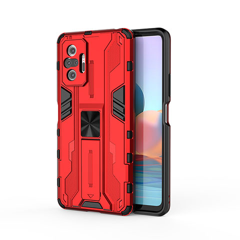 Coque Contour Silicone et Plastique Housse Etui Mat avec Aimant Magnetique Support KC2 pour Xiaomi Redmi Note 10 Pro Max Rouge