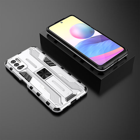 Coque Contour Silicone et Plastique Housse Etui Mat avec Aimant Magnetique Support KC2 pour Xiaomi Redmi Note 10T 5G Blanc