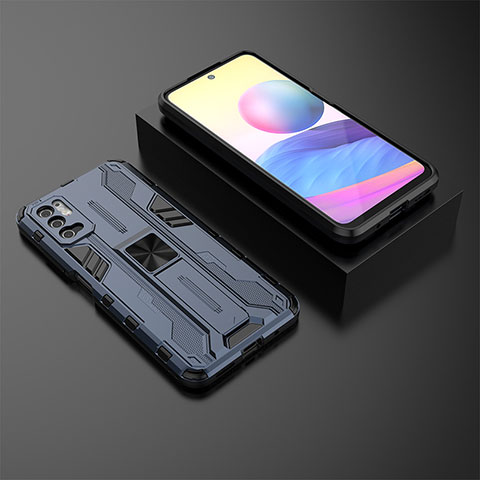 Coque Contour Silicone et Plastique Housse Etui Mat avec Aimant Magnetique Support KC2 pour Xiaomi Redmi Note 10T 5G Bleu