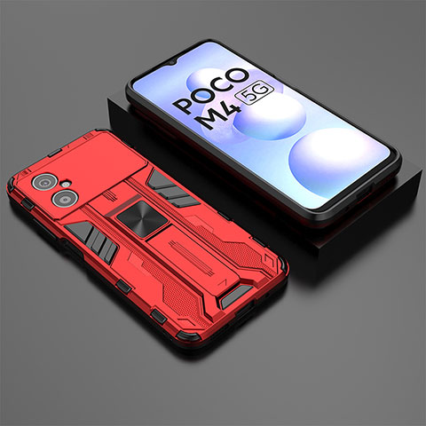 Coque Contour Silicone et Plastique Housse Etui Mat avec Aimant Magnetique Support KC2 pour Xiaomi Redmi Note 11R 5G Rouge