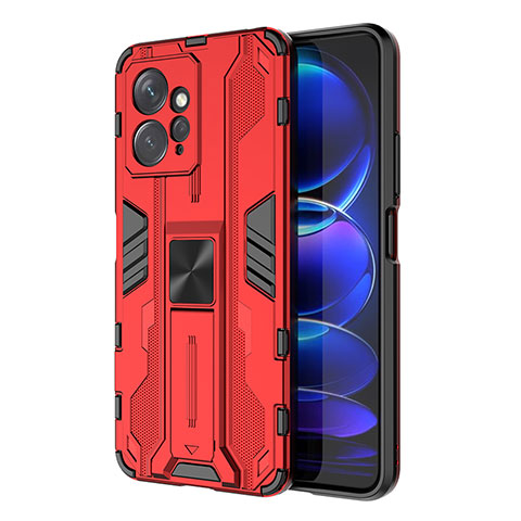 Coque Contour Silicone et Plastique Housse Etui Mat avec Aimant Magnetique Support KC2 pour Xiaomi Redmi Note 12 4G Rouge