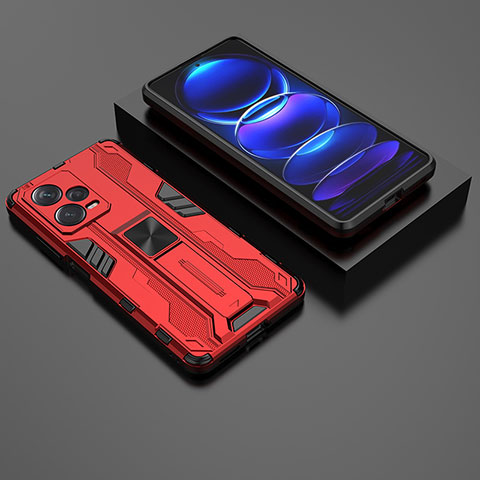 Coque Contour Silicone et Plastique Housse Etui Mat avec Aimant Magnetique Support KC2 pour Xiaomi Redmi Note 12 Explorer Rouge