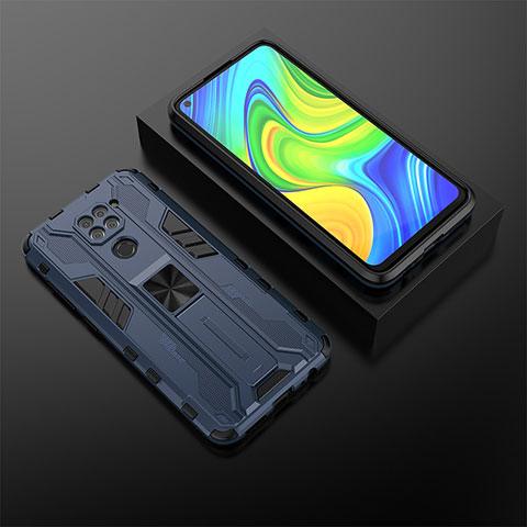 Coque Contour Silicone et Plastique Housse Etui Mat avec Aimant Magnetique Support KC2 pour Xiaomi Redmi Note 9 Bleu