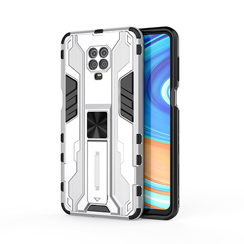 Coque Contour Silicone et Plastique Housse Etui Mat avec Aimant Magnetique Support KC2 pour Xiaomi Redmi Note 9 Pro Max Blanc