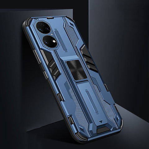 Coque Contour Silicone et Plastique Housse Etui Mat avec Aimant Magnetique Support KC3 pour Huawei P50 Bleu