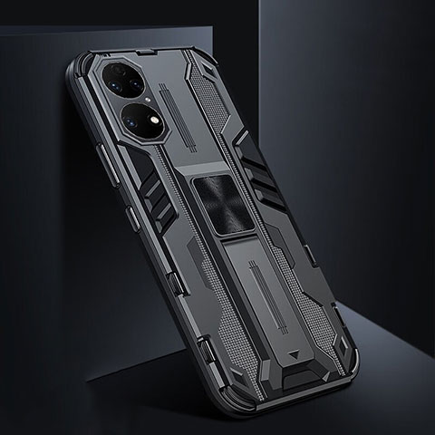 Coque Contour Silicone et Plastique Housse Etui Mat avec Aimant Magnetique Support KC3 pour Huawei P50 Noir