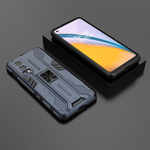 Coque Contour Silicone et Plastique Housse Etui Mat avec Aimant Magnetique Support KC3 pour OnePlus Nord 2 5G Bleu