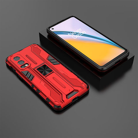 Coque Contour Silicone et Plastique Housse Etui Mat avec Aimant Magnetique Support KC3 pour OnePlus Nord 2 5G Rouge