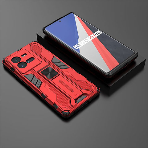 Coque Contour Silicone et Plastique Housse Etui Mat avec Aimant Magnetique Support KC3 pour Vivo iQOO 10 Pro 5G Rouge