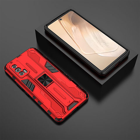 Coque Contour Silicone et Plastique Housse Etui Mat avec Aimant Magnetique Support KC3 pour Vivo iQOO 7 India 5G Rouge