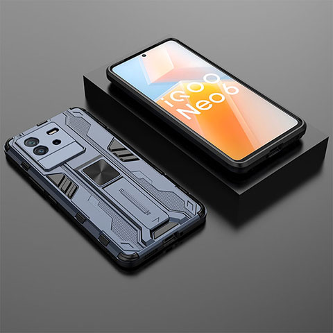 Coque Contour Silicone et Plastique Housse Etui Mat avec Aimant Magnetique Support KC3 pour Vivo iQOO Neo6 5G Bleu