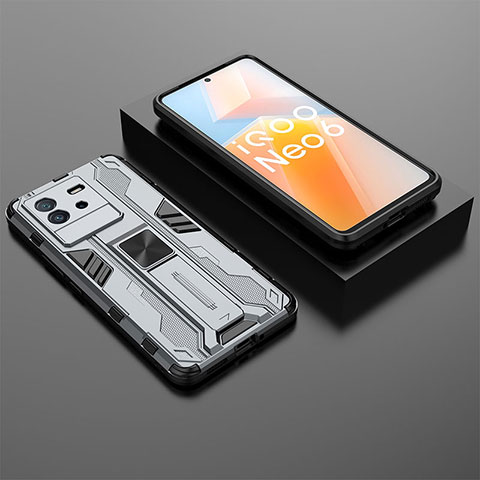 Coque Contour Silicone et Plastique Housse Etui Mat avec Aimant Magnetique Support KC3 pour Vivo iQOO Neo6 5G Gris