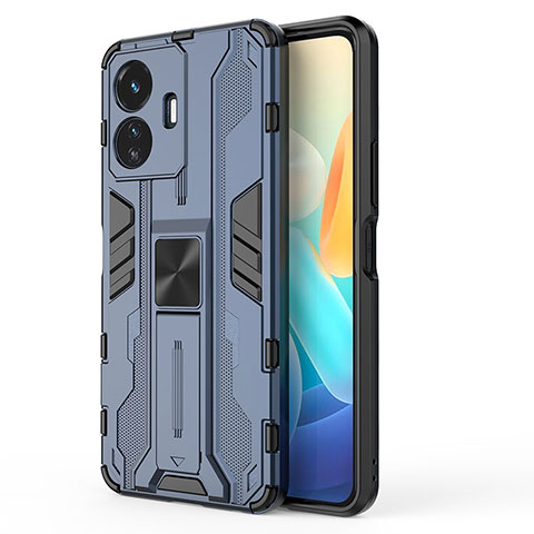 Coque Contour Silicone et Plastique Housse Etui Mat avec Aimant Magnetique Support KC3 pour Vivo iQOO Z6 Lite 5G Bleu