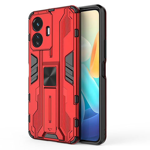 Coque Contour Silicone et Plastique Housse Etui Mat avec Aimant Magnetique Support KC3 pour Vivo iQOO Z6 Lite 5G Rouge