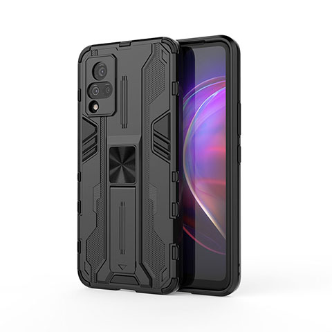 Coque Contour Silicone et Plastique Housse Etui Mat avec Aimant Magnetique Support KC3 pour Vivo V21 5G Noir