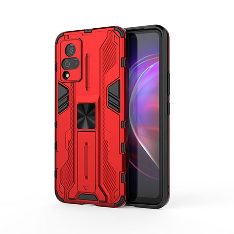 Coque Contour Silicone et Plastique Housse Etui Mat avec Aimant Magnetique Support KC3 pour Vivo V21 5G Rouge