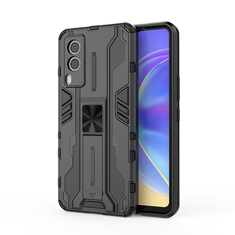 Coque Contour Silicone et Plastique Housse Etui Mat avec Aimant Magnetique Support KC3 pour Vivo V21e 5G Noir