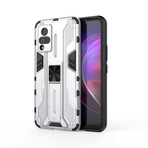 Coque Contour Silicone et Plastique Housse Etui Mat avec Aimant Magnetique Support KC3 pour Vivo V21s 5G Blanc