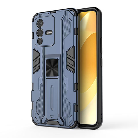 Coque Contour Silicone et Plastique Housse Etui Mat avec Aimant Magnetique Support KC3 pour Vivo V23 5G Bleu