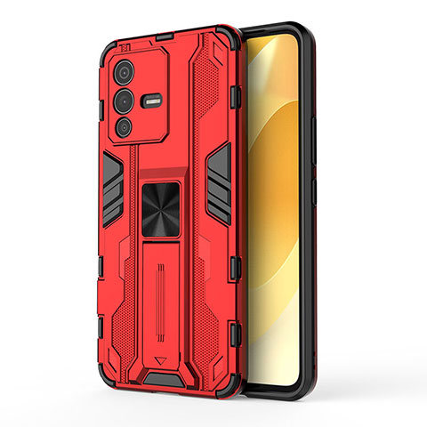 Coque Contour Silicone et Plastique Housse Etui Mat avec Aimant Magnetique Support KC3 pour Vivo V23 5G Rouge