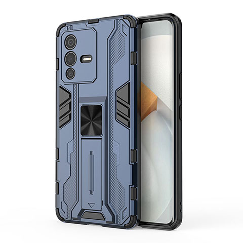 Coque Contour Silicone et Plastique Housse Etui Mat avec Aimant Magnetique Support KC3 pour Vivo V23 Pro 5G Bleu