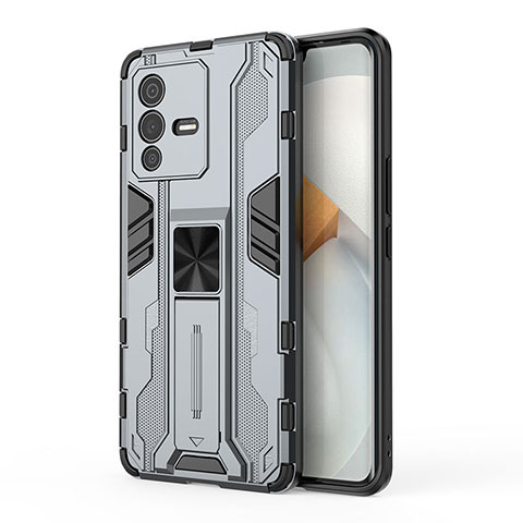 Coque Contour Silicone et Plastique Housse Etui Mat avec Aimant Magnetique Support KC3 pour Vivo V23 Pro 5G Gris