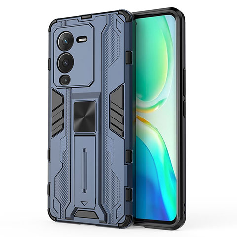 Coque Contour Silicone et Plastique Housse Etui Mat avec Aimant Magnetique Support KC3 pour Vivo V25 Pro 5G Bleu