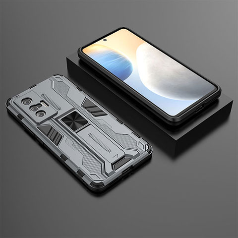 Coque Contour Silicone et Plastique Housse Etui Mat avec Aimant Magnetique Support KC3 pour Vivo X70 5G Gris