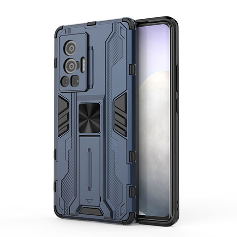 Coque Contour Silicone et Plastique Housse Etui Mat avec Aimant Magnetique Support KC3 pour Vivo X70 Pro 5G Bleu