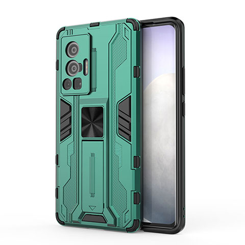 Coque Contour Silicone et Plastique Housse Etui Mat avec Aimant Magnetique Support KC3 pour Vivo X70 Pro 5G Vert