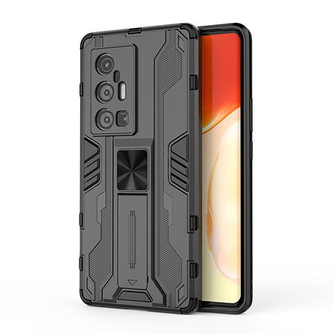 Coque Contour Silicone et Plastique Housse Etui Mat avec Aimant Magnetique Support KC3 pour Vivo X70 Pro+ Plus 5G Noir