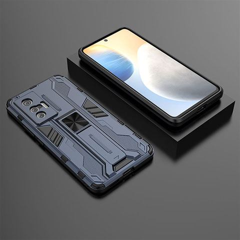 Coque Contour Silicone et Plastique Housse Etui Mat avec Aimant Magnetique Support KC3 pour Vivo X70t Bleu