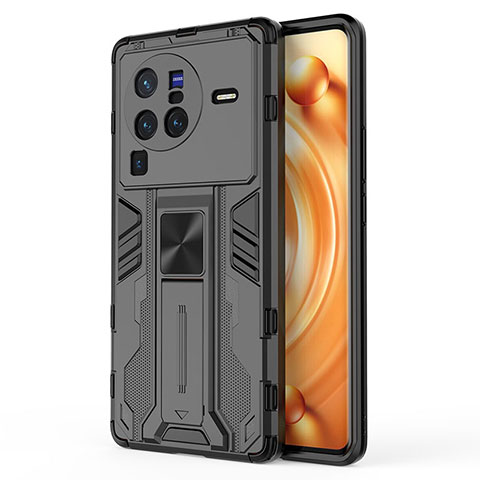 Coque Contour Silicone et Plastique Housse Etui Mat avec Aimant Magnetique Support KC3 pour Vivo X80 Pro 5G Noir