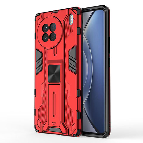 Coque Contour Silicone et Plastique Housse Etui Mat avec Aimant Magnetique Support KC3 pour Vivo X90 5G Rouge