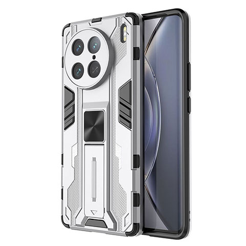 Coque Contour Silicone et Plastique Housse Etui Mat avec Aimant Magnetique Support KC3 pour Vivo X90 Pro 5G Blanc