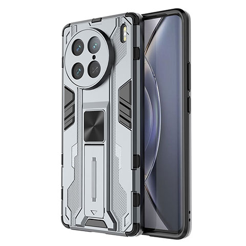 Coque Contour Silicone et Plastique Housse Etui Mat avec Aimant Magnetique Support KC3 pour Vivo X90 Pro 5G Gris