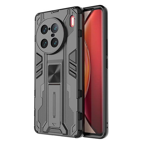 Coque Contour Silicone et Plastique Housse Etui Mat avec Aimant Magnetique Support KC3 pour Vivo X90 Pro+ Plus 5G Noir