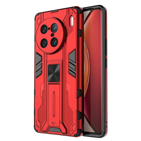 Coque Contour Silicone et Plastique Housse Etui Mat avec Aimant Magnetique Support KC3 pour Vivo X90 Pro+ Plus 5G Rouge