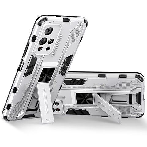 Coque Contour Silicone et Plastique Housse Etui Mat avec Aimant Magnetique Support KC3 pour Xiaomi Poco M4 Pro 5G Blanc