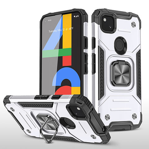 Coque Contour Silicone et Plastique Housse Etui Mat avec Aimant Magnetique Support MQ1 pour Google Pixel 4a Blanc